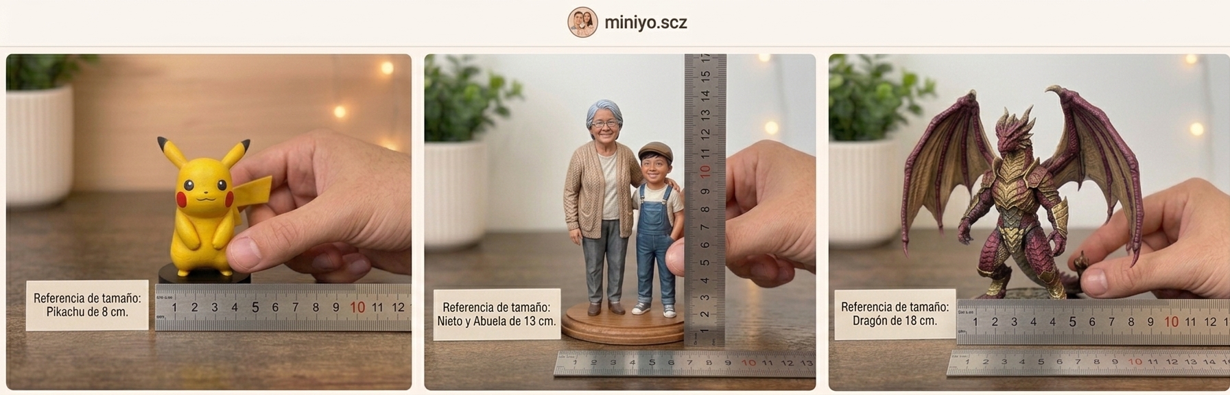 Comparación de tamaños de piezas MiniYo junto a una mano y una regla
